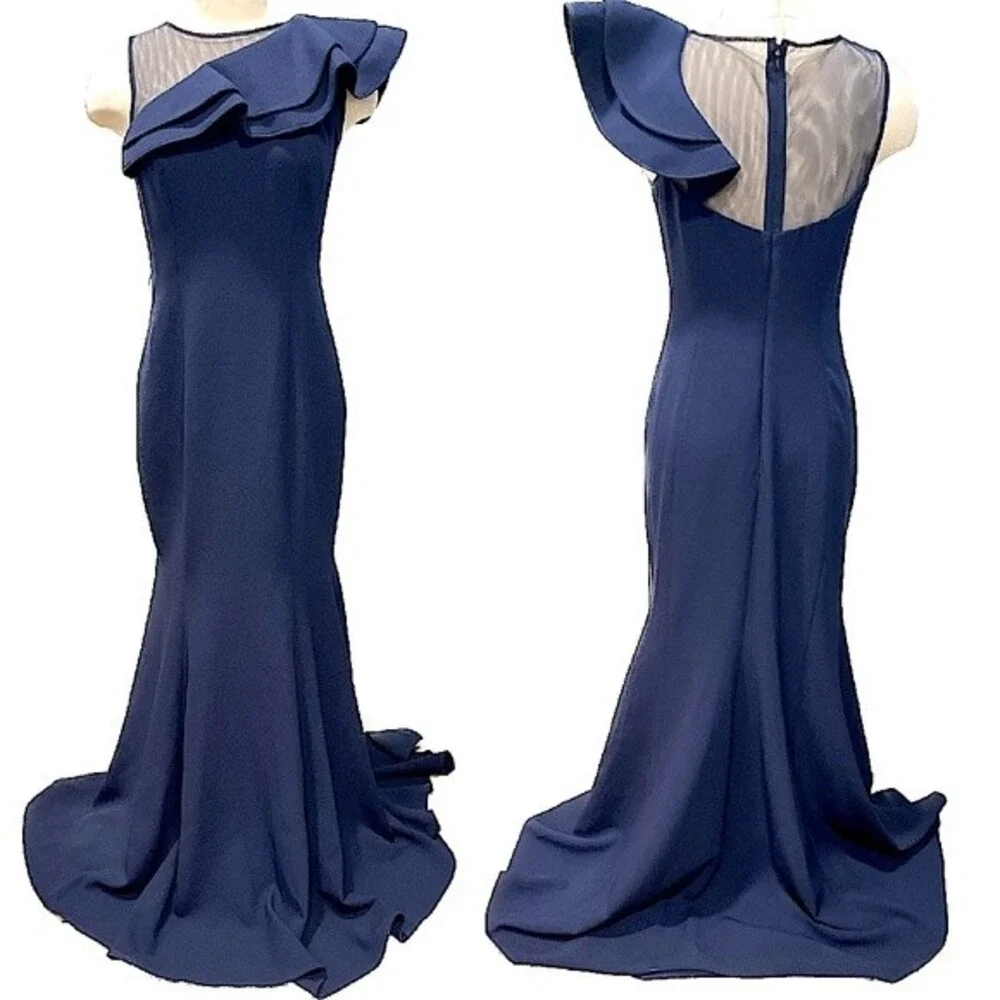 Eliza J. Navy Blue One Shoulder Illusion Ruffle Mermaid Gown Size 6 - Picture 2 of 14